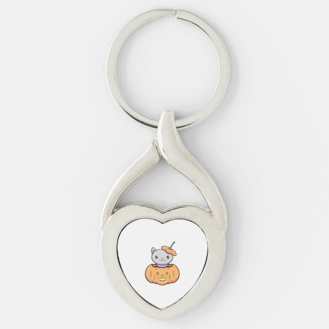 Halloween Pumpkin Cat Twisted Heart Silverfärgad Nyckelring (Framsidan)