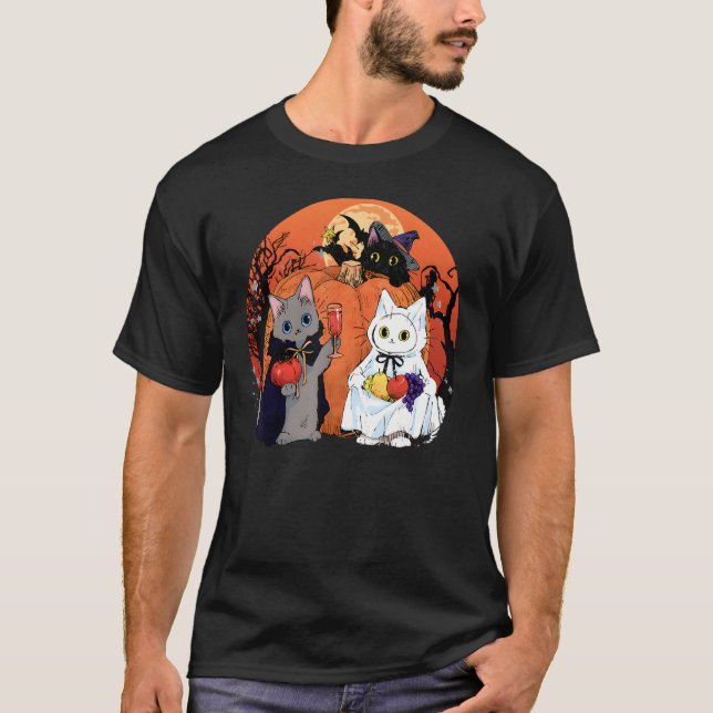 Halloween Pumpkin Cats Drink Vin T Shirt (Framsida)