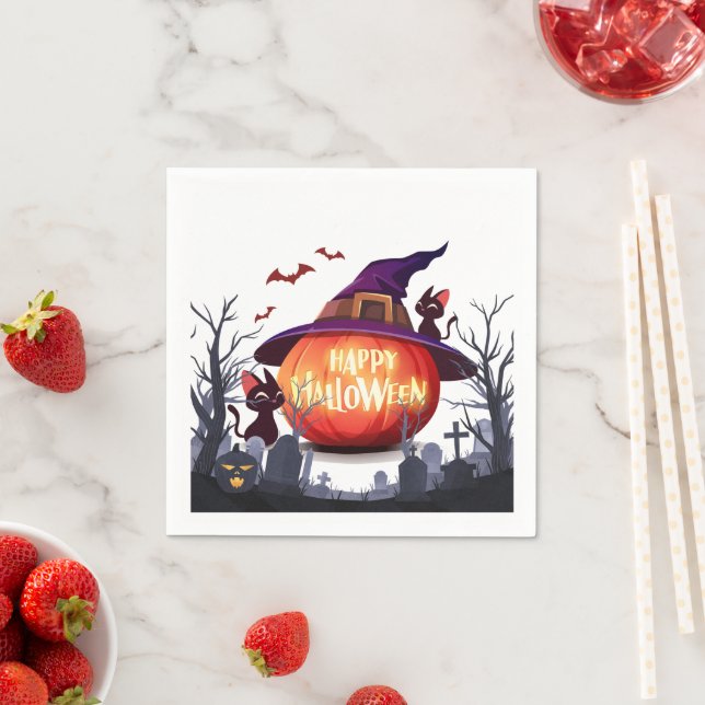 Halloween Pumpkin, Cats & Witch Ha Pappersservett (Insitu)