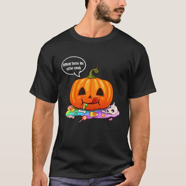 Halloween pumpkin eats unicorn skeleton candy t shirt (Framsida)