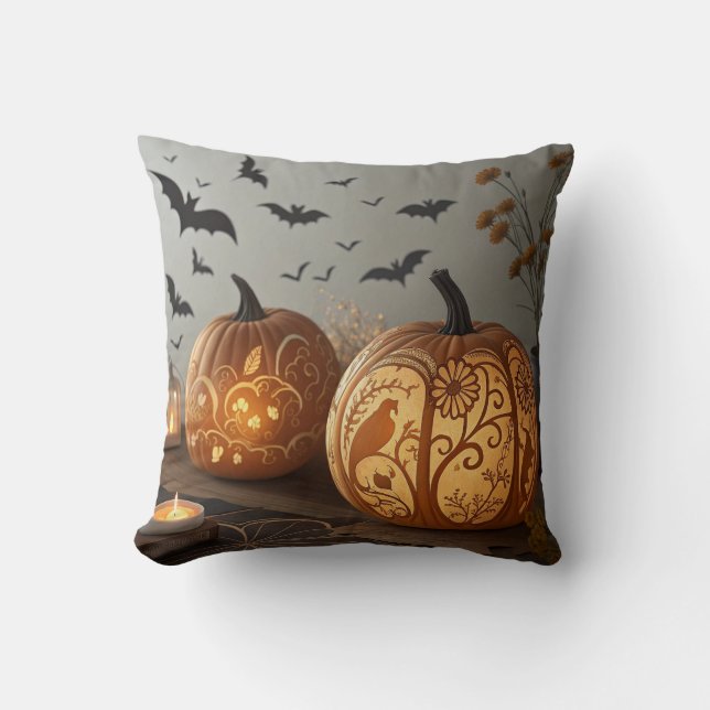 "Halloween Pumpkin & Fladdermus Mönster Cushion" Kudde (Framsida)