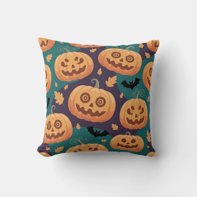 "Halloween Pumpkin & Fladdermus Mönster Cushion" Kudde (Framsida)