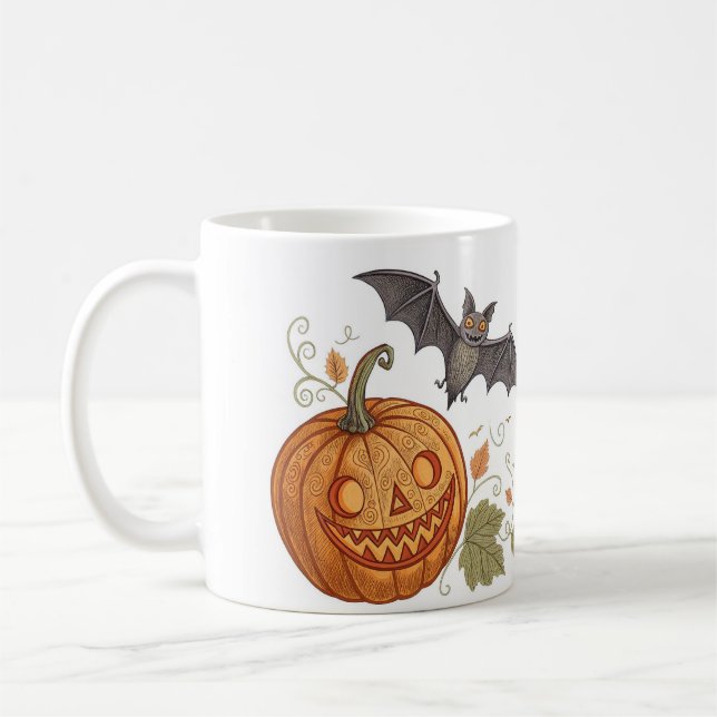 "Halloween Pumpkin & Fladdermus Mönster Mugg" Kaffemugg (Vänster)