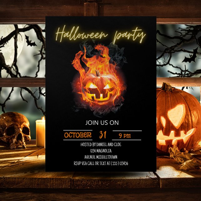 Halloween Pumpkin Flaming Editable Neon Text Inbjudningar (Halloween Pumpkin Flaming Editable Neon Text Invitation)