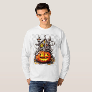 Halloween Pumpkin framför Decorated House T Shirt