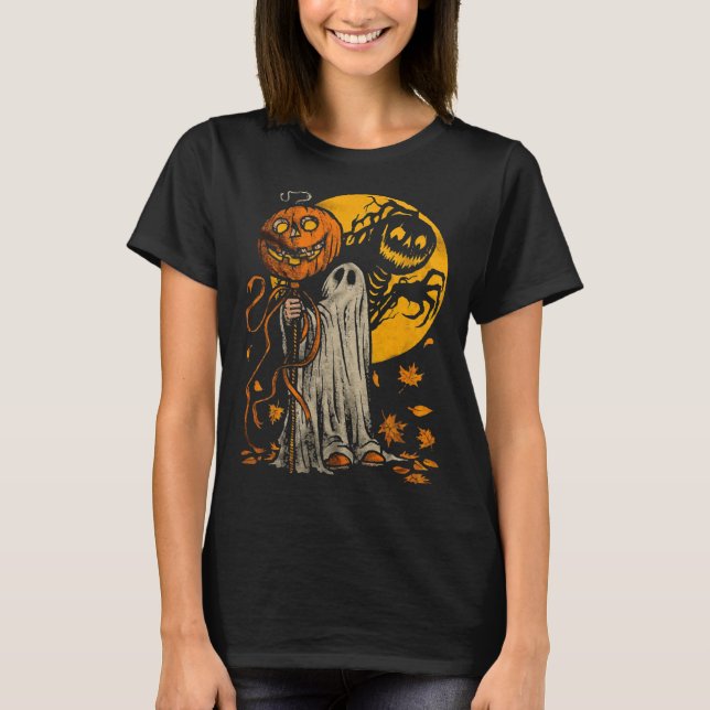 Halloween Pumpkin Ghost Höst löv Graphic Art T Shirt (Framsida)