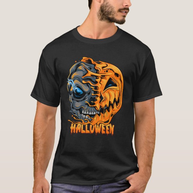 Halloween pumpkin half skull looks spooky and cool t shirt (Framsida)