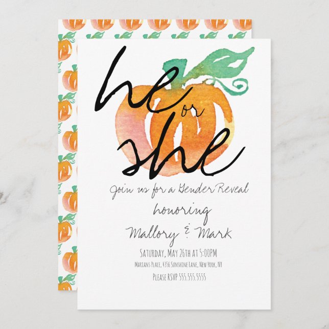 Halloween Pumpkin Hand Watercolor Gender Reveal Inbjudningar (Fram/baksida)