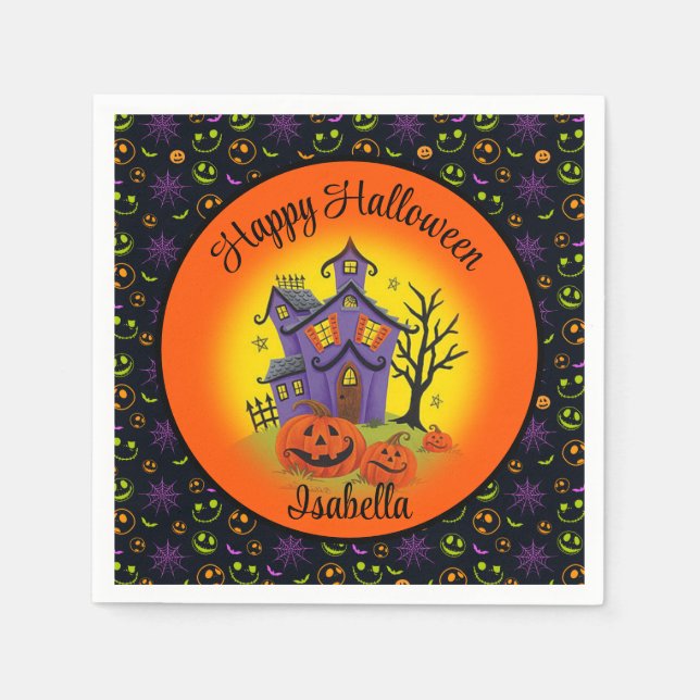 Halloween Pumpkin Haunted House NAMN Birthday Pappersservett (Framsidan)