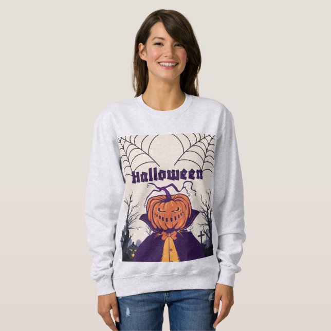 Halloween Pumpkin Head Graveyard Sweatshirt T Shirt (Hel framsida)