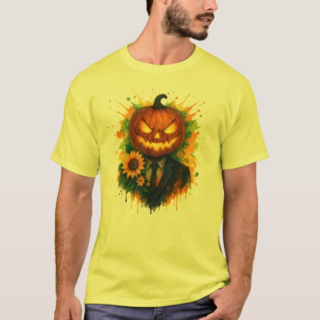 Halloween Pumpkin Head Watercolor Art T Shirt (Framsida)