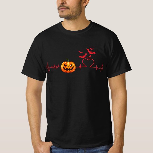 Halloween Pumpkin Heartslag Line Fladdermus T Shirt (Framsida)