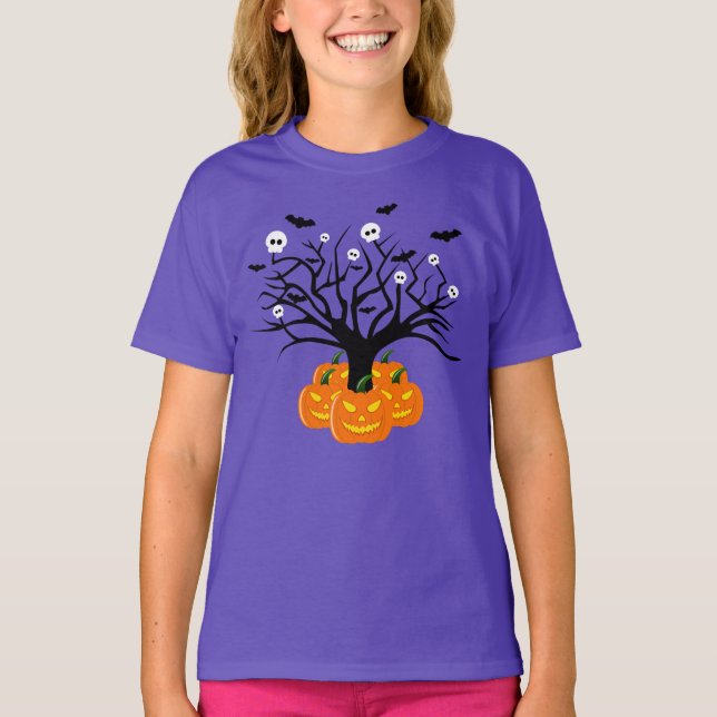 Halloween Pumpkin Jack o’ Lantern Dead Träd T Shirt (Framsida)