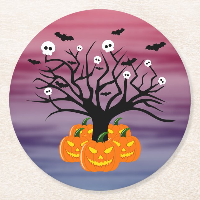 Halloween Pumpkin Jack o’ Lantern Dead Träd Underlägg Papper Rund (Framsidan)
