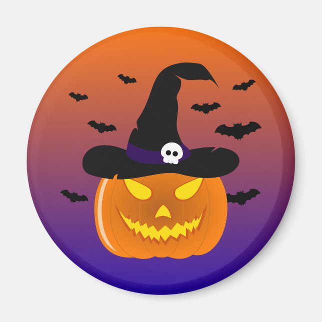 Halloween Pumpkin Jack o’ Lantern Witch Hat Magnet (Framsidan)