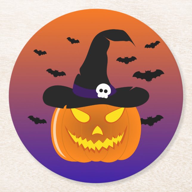 Halloween Pumpkin Jack o’ Lantern Witch Hat Underlägg Papper Rund (Framsidan)