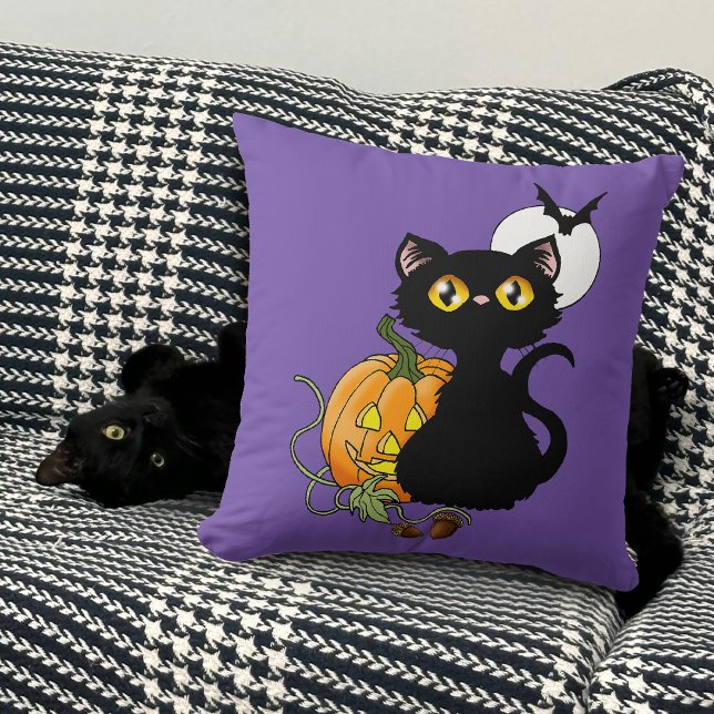 Halloween Pumpkin Lila Black Cat Kudde (Skapare uppladdad)