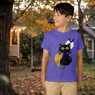 Halloween Pumpkin Lila Black Cat T Shirt