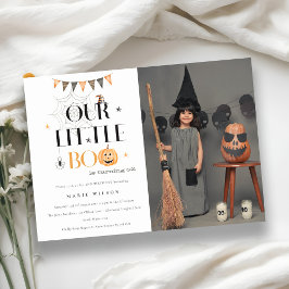 Halloween Pumpkin Little Boo Photo Birthday Inbjud Tack Kort
