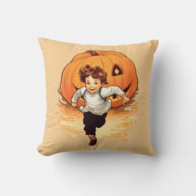 Halloween Pumpkin, Lycklig Young Boy Kudde (Framsida)