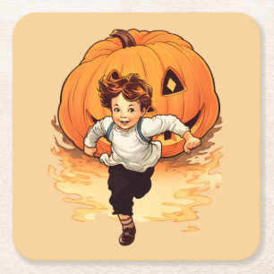 Halloween Pumpkin, Lycklig Young Boy Underlägg Papper Kvadrat