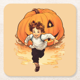 Halloween Pumpkin, Lycklig Young Boy Underlägg Papper Kvadrat