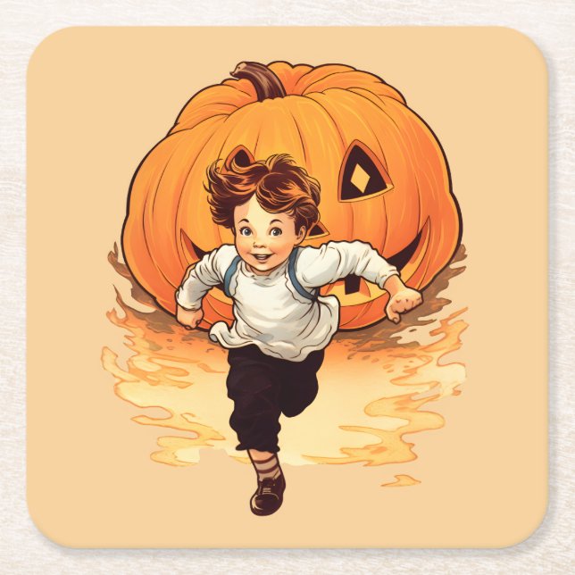 Halloween Pumpkin, Lycklig Young Boy Underlägg Papper Kvadrat (Framsidan)