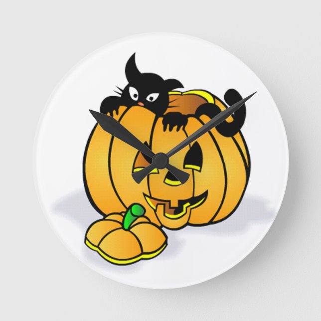 Halloween Pumpkin med Black Cat Rund Klocka (Framsida)