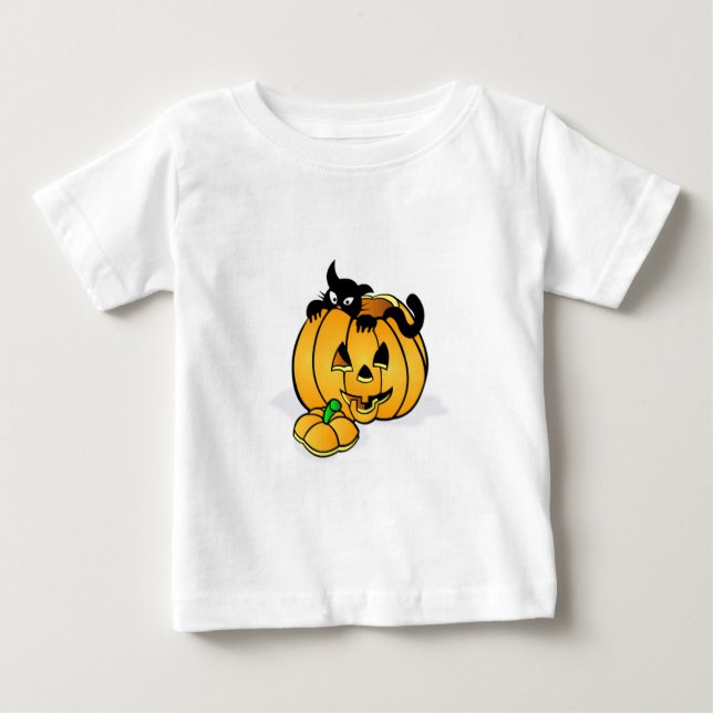 Halloween Pumpkin med Black Cat T Shirt (Framsida)