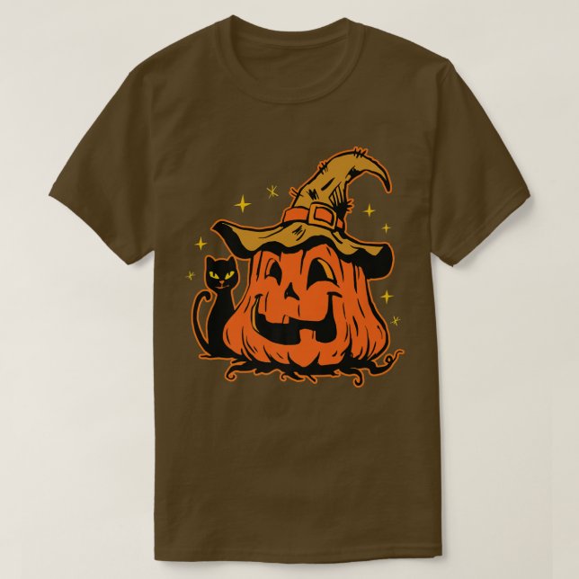 Halloween Pumpkin med Witches Hat and Cat Graphic T Shirt (Design framsida)