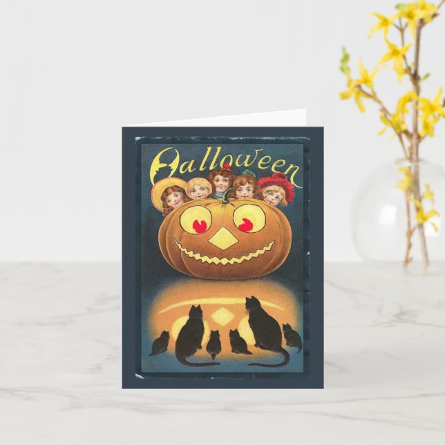 Halloween Pumpkin och Girls Vintage Kort (Gul blomma)