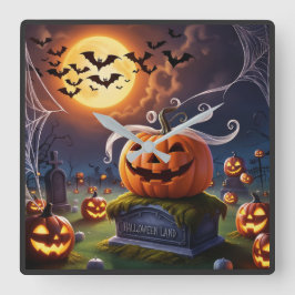 Halloween Pumpkin på en Headstone Fyrkantig Klocka