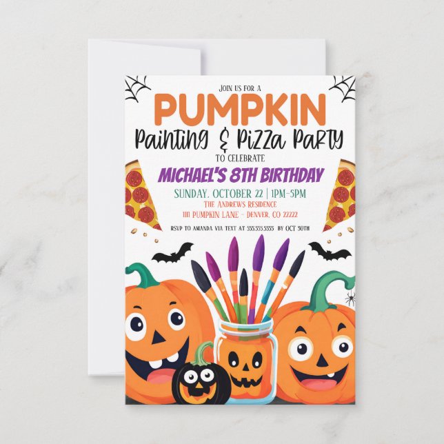 Halloween Pumpkin Painting och Pizza Party inbjude Inbjudningar (Framsida)