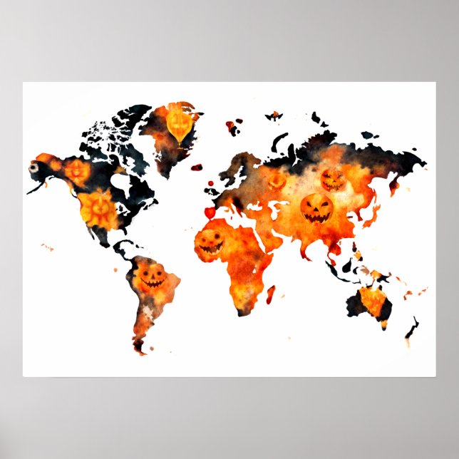 Halloween Pumpkin POD Wall Art World Map Poster (Framsidan)