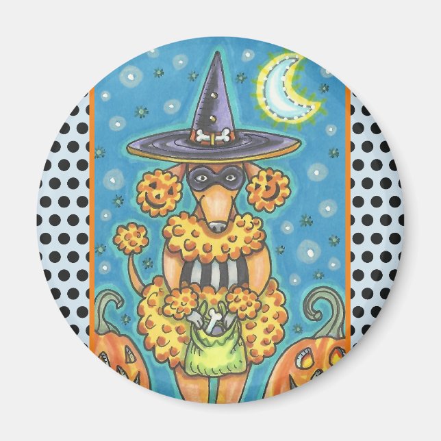 HALLOWEEN PUMPKIN PUDEL, HUND MAGNET Round (Framsidan)