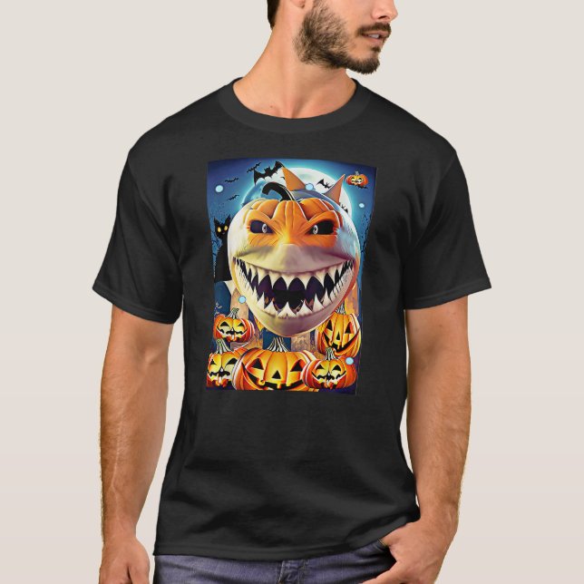 Halloween Pumpkin Shark Bite Animal Costume T Shirt (Framsida)