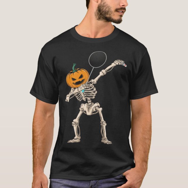Halloween Pumpkin Skeleton Badminton Dabbing T Shirt (Framsida)