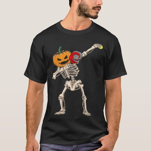 Halloween Pumpkin Skeleton Pickleball Dabbing T Shirt (Framsida)
