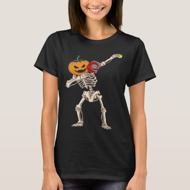 Halloween Pumpkin Skeleton Pickleball Dabbing T Shirt (Framsida)