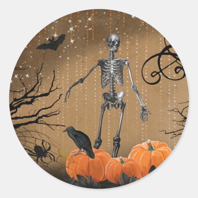 Halloween Pumpkin Skeleton Runt Klistermärke (Framsida)