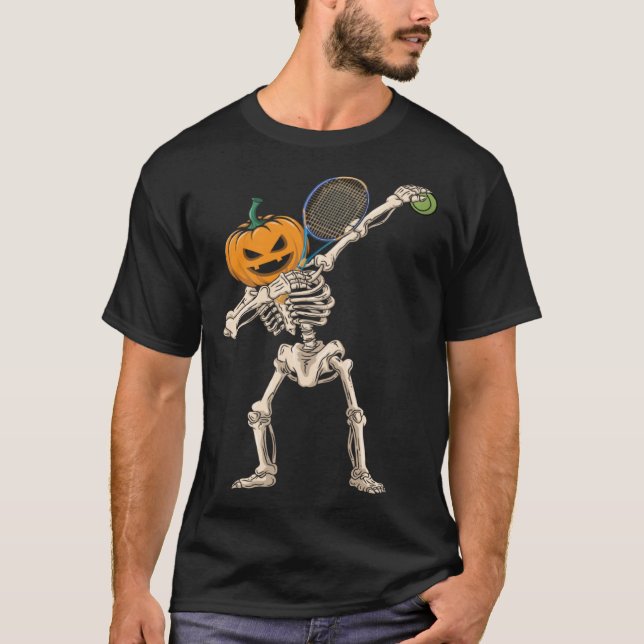 Halloween Pumpkin Skeleton Tennis Dabbing T Shirt (Framsida)