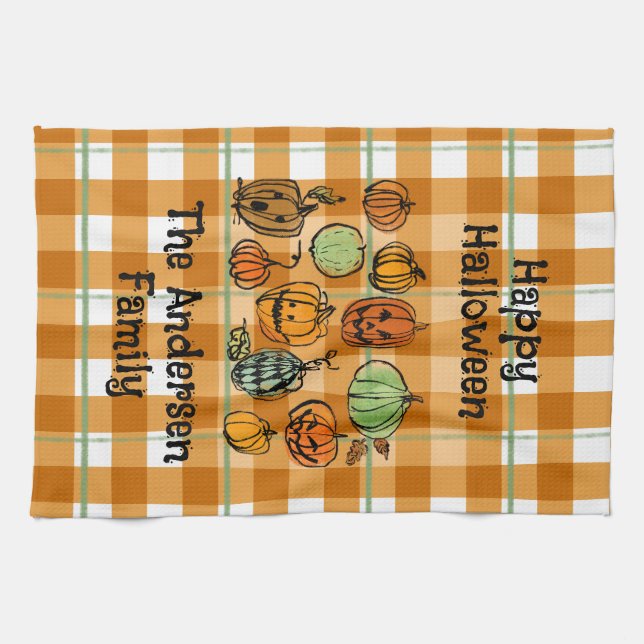 Halloween pumpkin söt gingham kökshandduk (Horisontell)