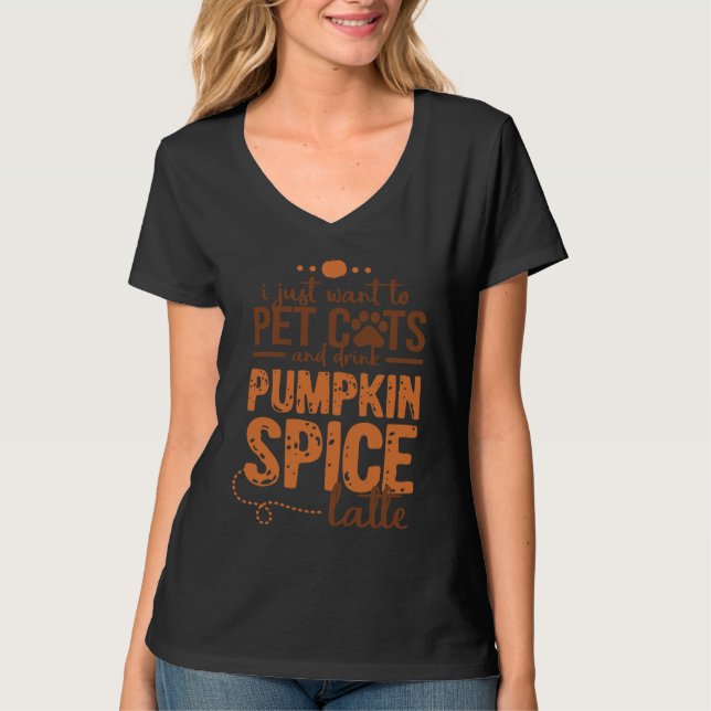 Halloween Pumpkin Spice Latte Cat T Shirt (Framsida)