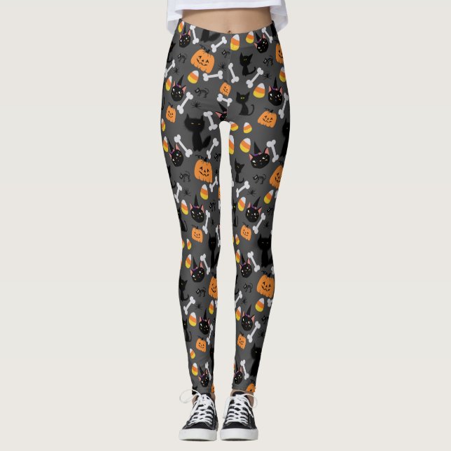 Halloween Pumpkin & Svarta katter Sömlös Mönster Leggings (Framsida)