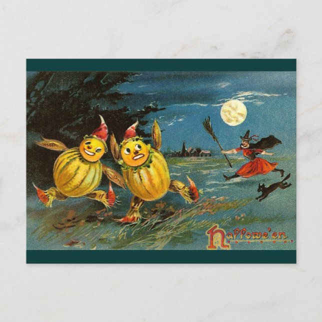 Halloween Pumpkin-tecken och Witch Vykort (Framsida)