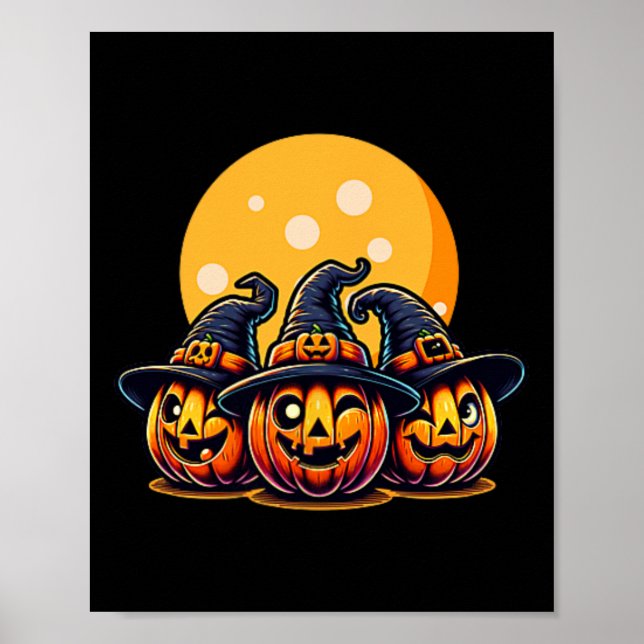 Halloween Pumpkin Threefold Witch Hat Tee Kids Adu Poster (Framsidan)