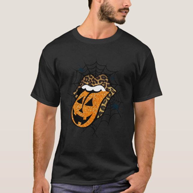 Halloween Pumpkin Tongue and Leopard Lips T Shirt (Framsida)