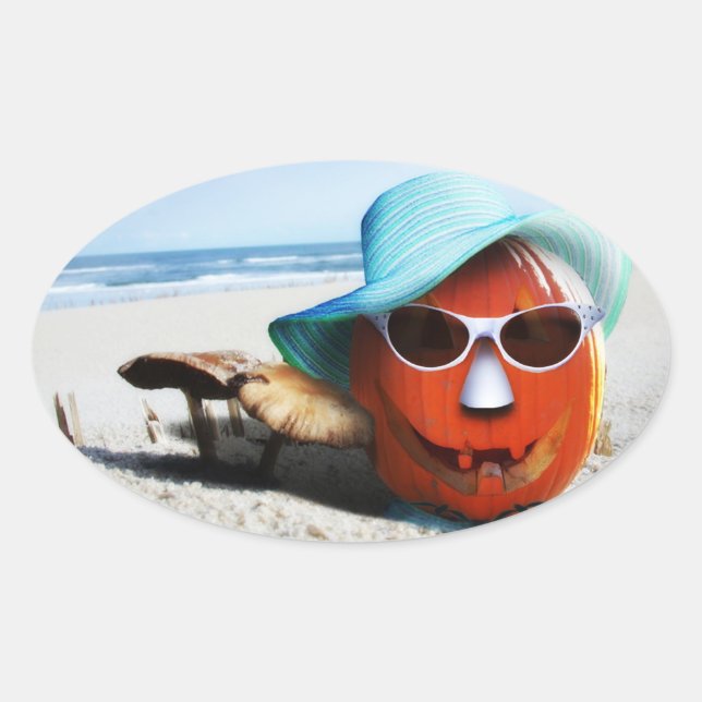 Halloween Pumpkin vid stranden Ovalt Klistermärke (Framsida)