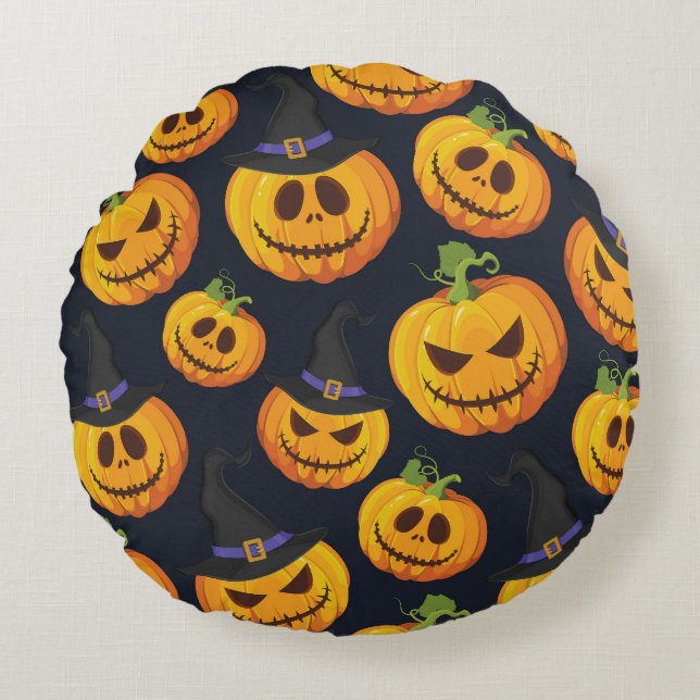 Halloween Pumpkin: Vintage Witch Mönster Rund Kudde (Framsidan)