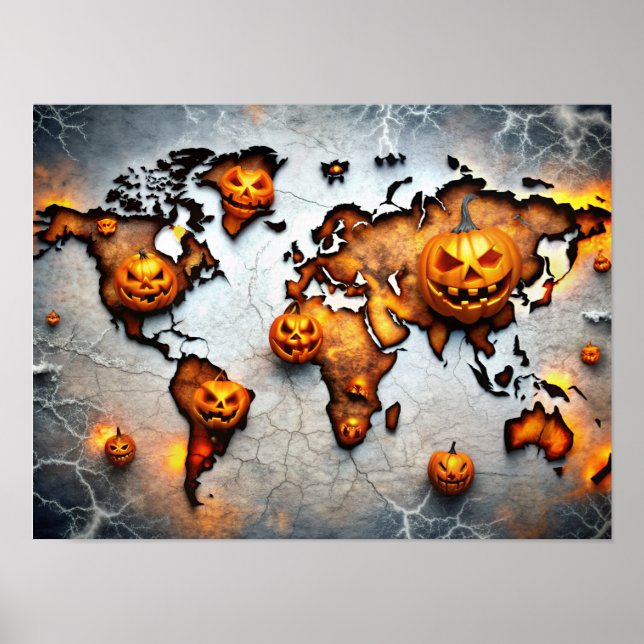 Halloween Pumpkin Wall Art World Map Poster (Framsidan)